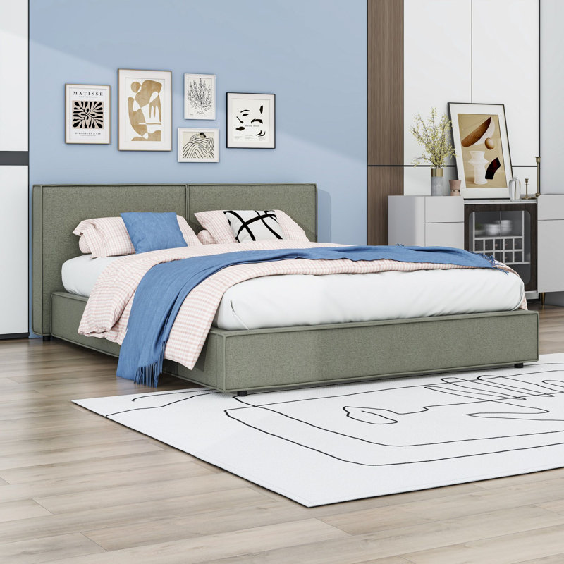 Grand lit plateforme tapissier en lin avec tête de lit, Vert