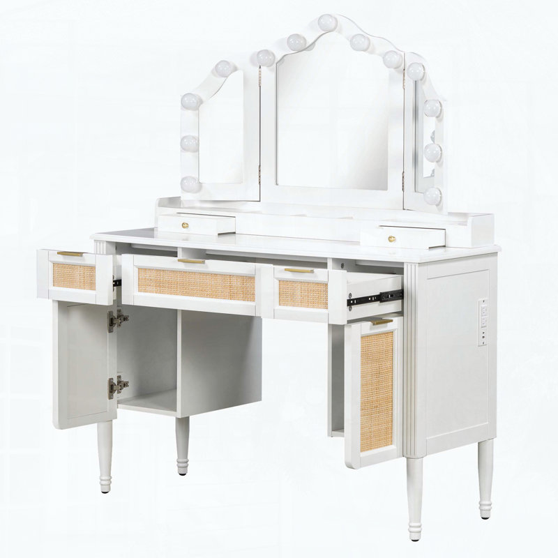 Makeup Vanity Desk with 13 Hollywood Bulbs, Tri-Fold Mirror, 5 Drawers, Shelves, and Charging Station