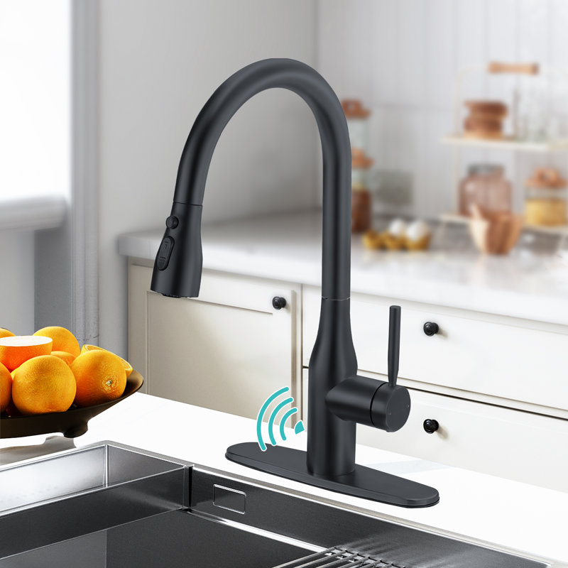 Robinet de cuisine monocommande avec douchette extractible sans contact avec douchette à 3 jets, bec pivotant à 360° et plaque de montage, acier inoxydable SUS 304