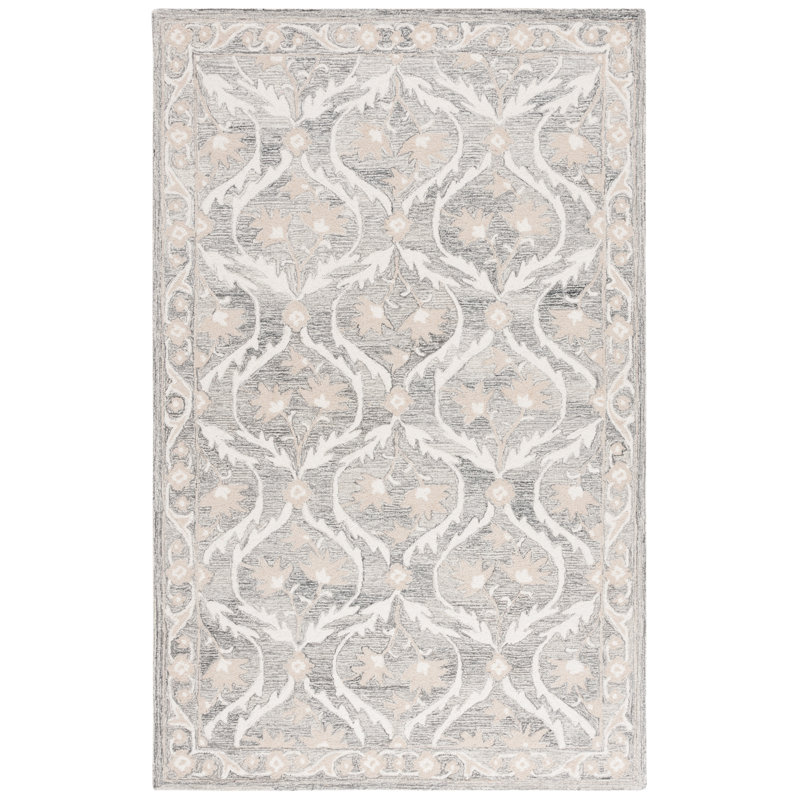 Tyrona Tufted Wool/Cotton Damask Rug in Gray/Ivory, Rectangle 6' x 9'