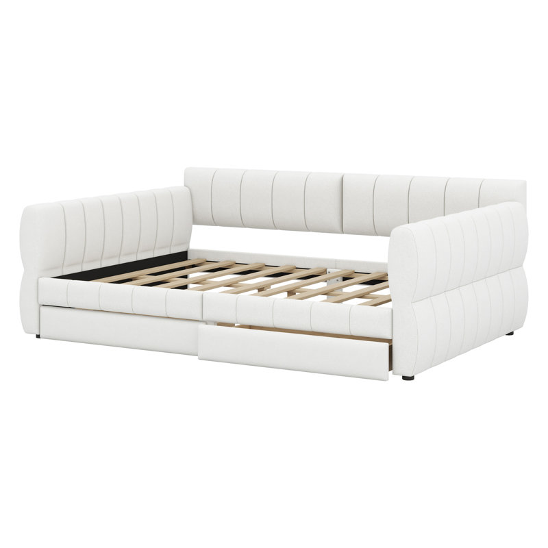 Upholstered Platform Bed With USB And 2 Drawers, White