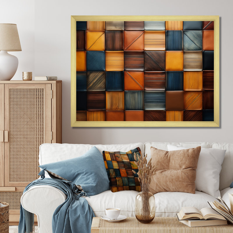 «Geometric Harmony Abstract Brown Tiles II», reproduction sur toile mosaïque Boho, Cadre doré à coins fermés