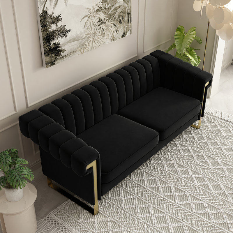 Kevionna 83.86'' Velvet Sofa, Black Velvet