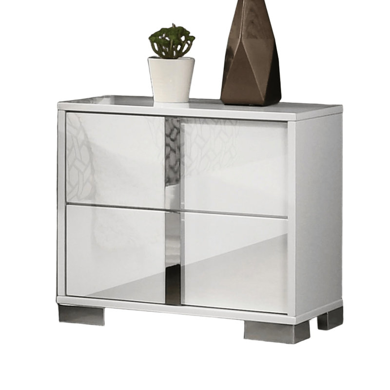 Table de chevet contemporaine blanche, l 23,5 po, pieds, 2 tiroirs, revêtue, table à poignées verticales avec design moderne, fini