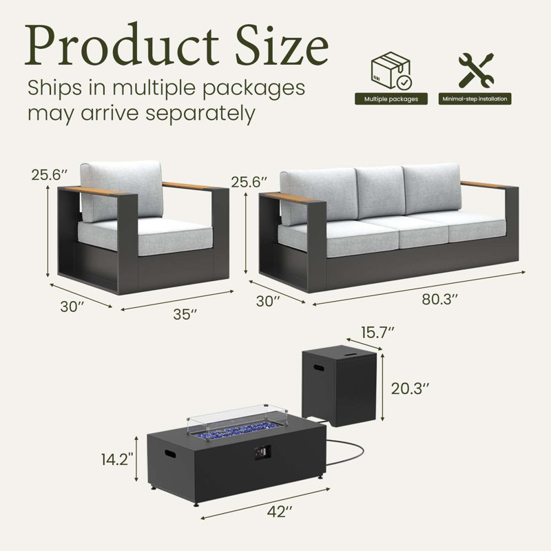  Outdoor Oversized Aluminum 4-piece Conversation Set With Firepit Table And 6-inch Cushion, Light Gray