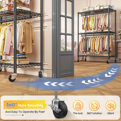 Portant à vêtements robuste avec roulettes, garde-robe portatif avec 3 tablettes et 2 tringles de suspension