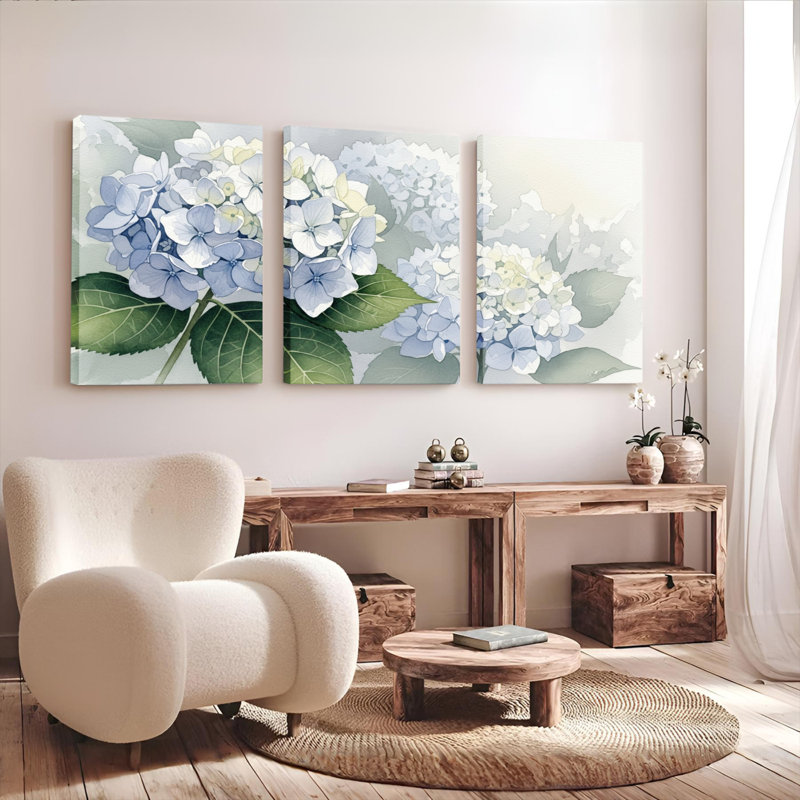 Tableau mural sur toile tendue à motif floral d'hortensias bleus (paquet de 3), H 18 po x l 36 po