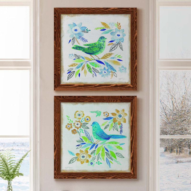 Oiseau Chanteur I - ensemble de 2 peintures sur toile encadrées, H 17 po x l 34 po x P 1,5 po, Cadre en érable