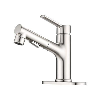 Modern Bathroom Sink Faucet With Pull Out , Single Handle, Brushed Nickel Finish And Pop-Up Drain Stopper Deck Plate Tap, Contemporary Style &