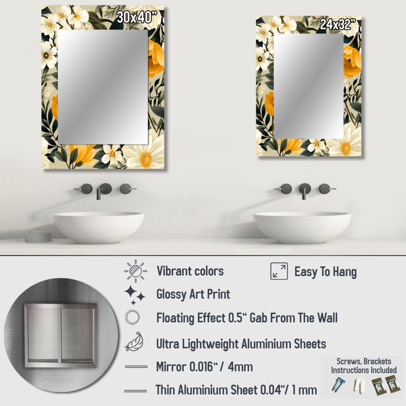 Motif botanique rétro Manon - miroir botanique, miroir mural décoratif botanique, impression d'art en métal, 32 po x 24 po