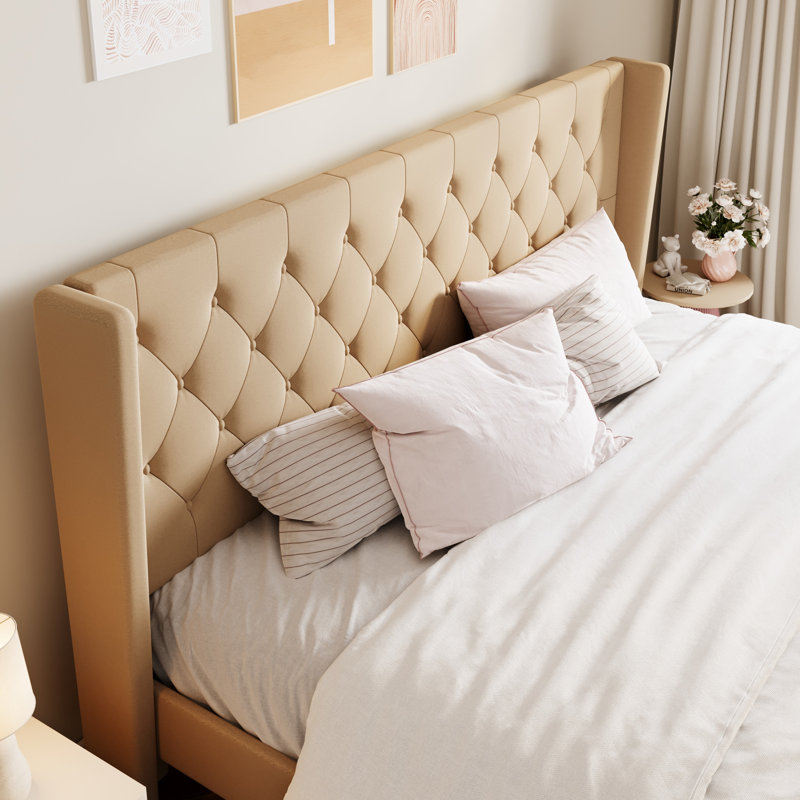 Structure de lit tapissier avec tête de lit Hilbert, Très grand, Beige