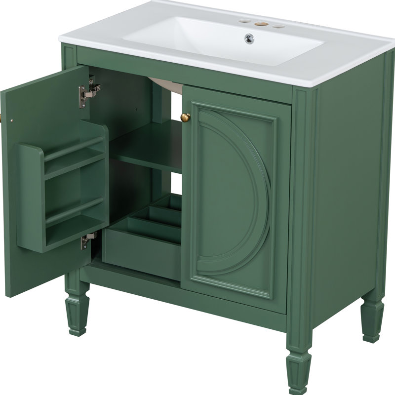Meuble-lavabo de 30 po avec lavabo en céramique, style rétro, charnières à fermeture en douceur - grandes portes de rangement et tablettes réglables à lignes lisses, armoire à mécanisme abondante