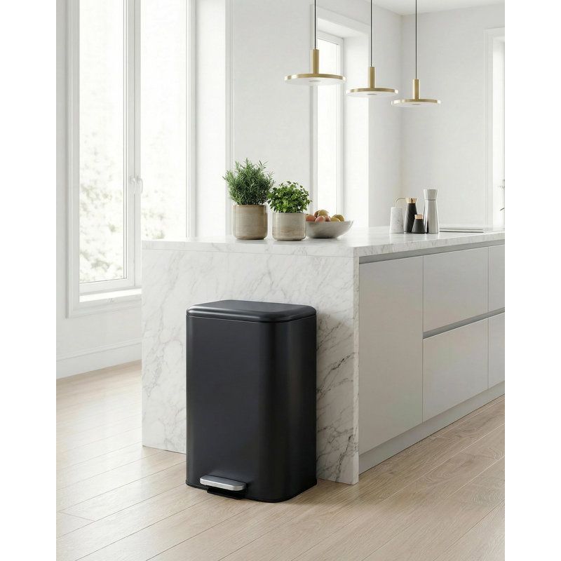 Poubelle à pédale rectangulaire moderne en acier inoxydable noir de 50 L pour la cuisine – Couvercle à fermeture douce, bac intérieur amovible, anti-traces de doigts, 42,8 × 35,5 × 62 cm