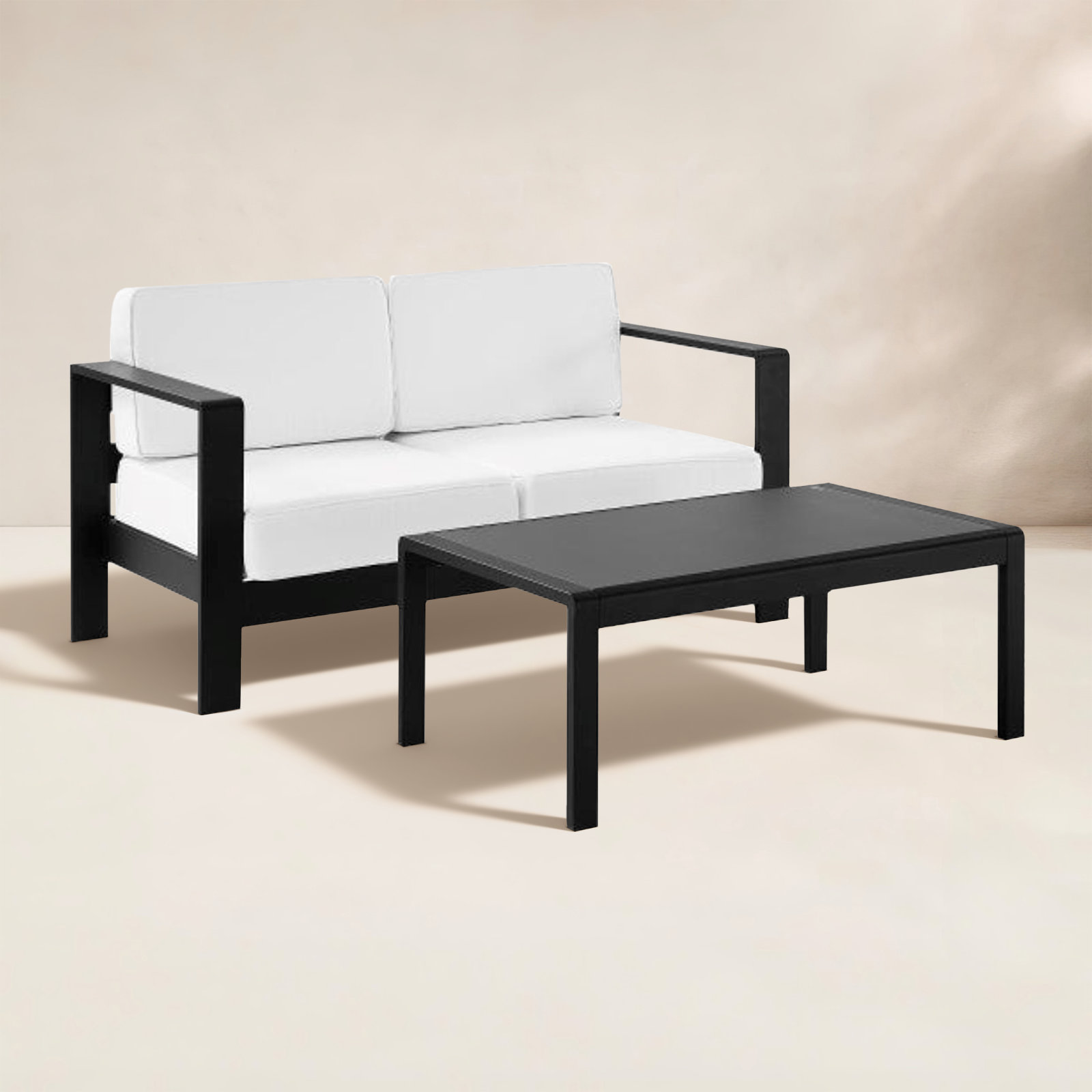 2-Person Patio Seating Group, Black Frame/White Cushion