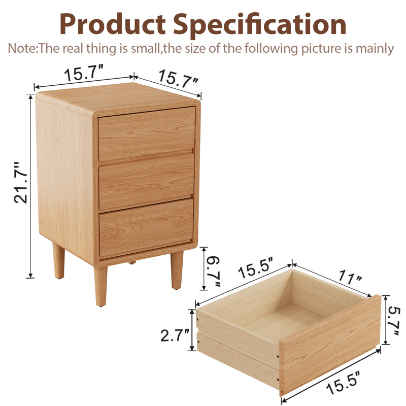 Solid Wood Mid-Century Modern Nightstand, Tan, 25.9" H