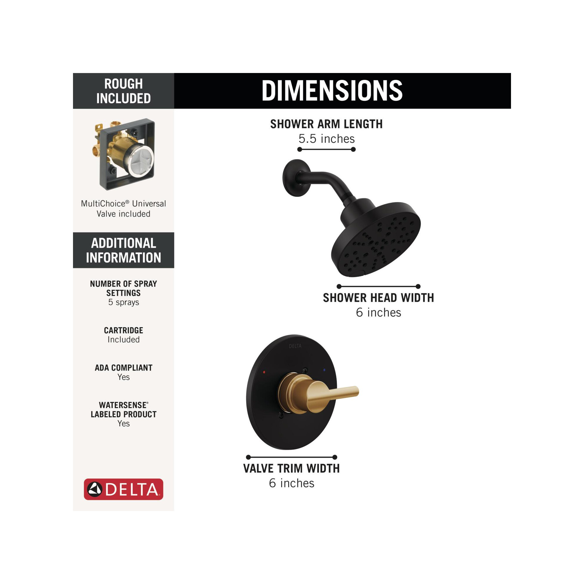 Nicoli Single-Function Shower Faucet Set, Shower Trim Kit with H2Okinetic Shower Head and Valve, Matte Black/Champagne Bronze