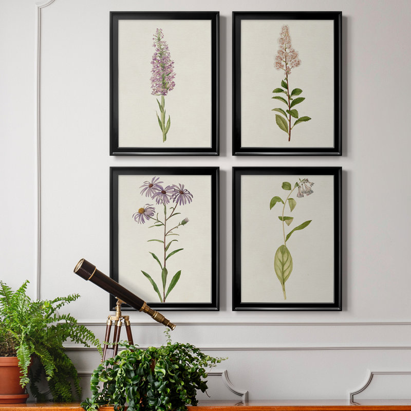 Mauve Garden Flowers I - Ensemble de 4 peintures sur toile encadrées, H 24,5 po x l 74 po x P 1 po, Cadre noir