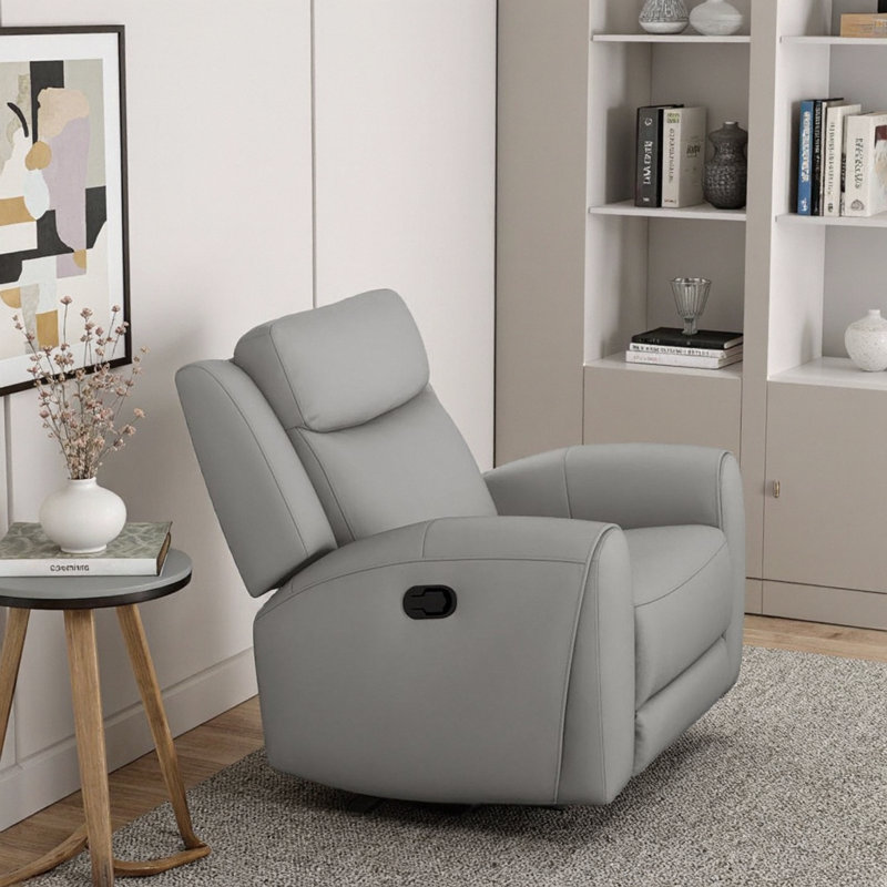 Fauteuil inclinable manuel à accoudoirs profilés - Style transitionnel avec siège large et cuir fleur, Gris