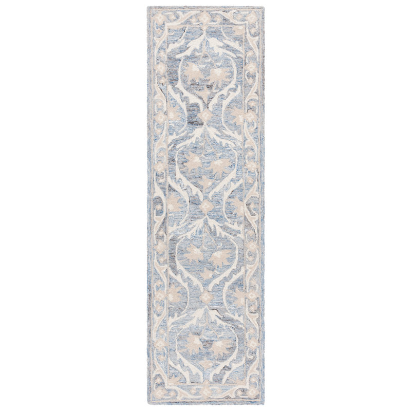 Bornie Tufted Wool/Cotton Damask Rug in Blue/Ivory, Runner 2'3" x 8'
