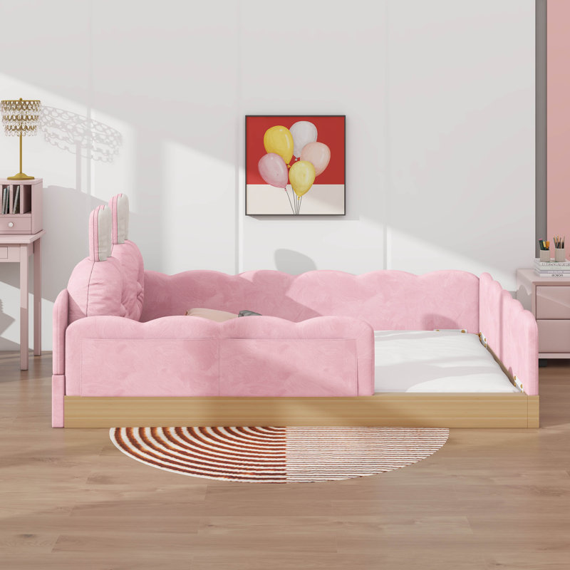 Lit plateforme tapissier simple avec coussins et sacs de rangement, Rose