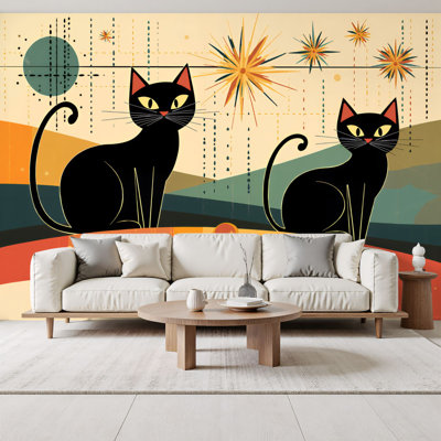 Papier peint auto-adhésif à motif de chat noir Mid Century