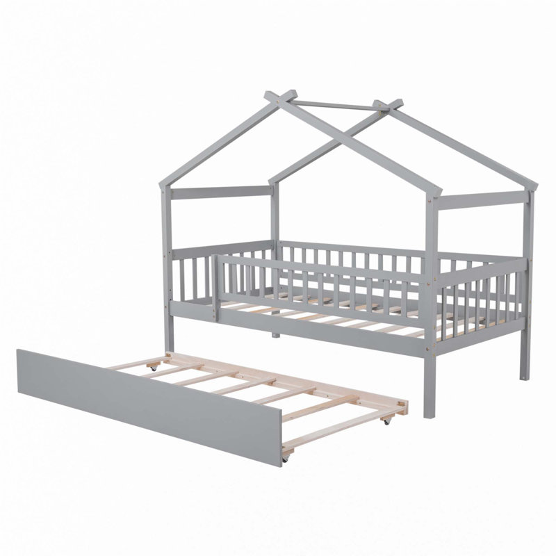 Lit en bois avec lit gigogne simple, Twin, Gris