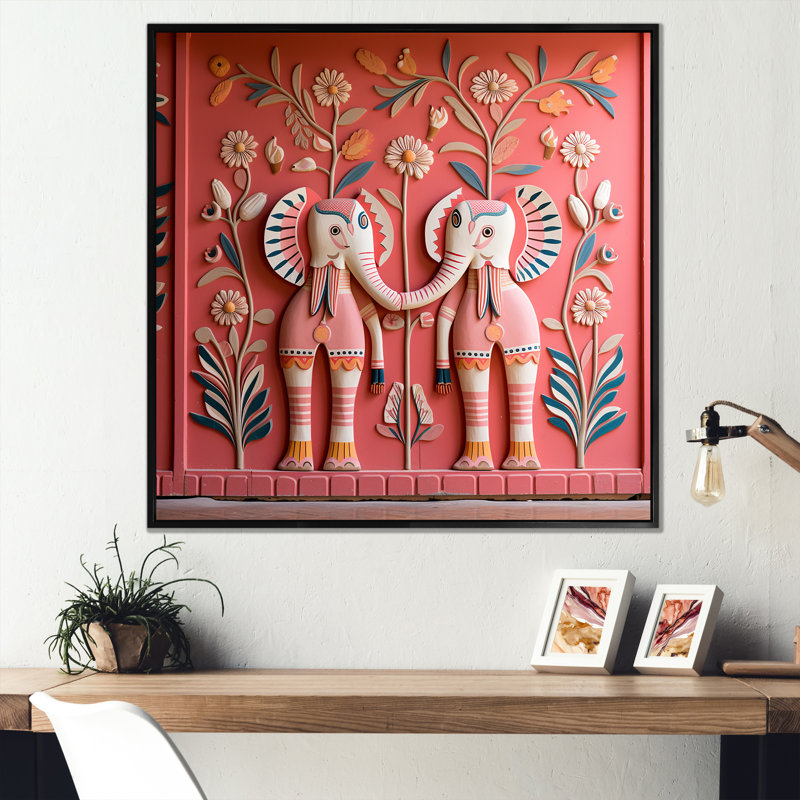 Art indien, éléphants de Jaipur 1 - Art mural indien, Cadre flottant noir, H 36 po x l 36 po x P 1,5 po
