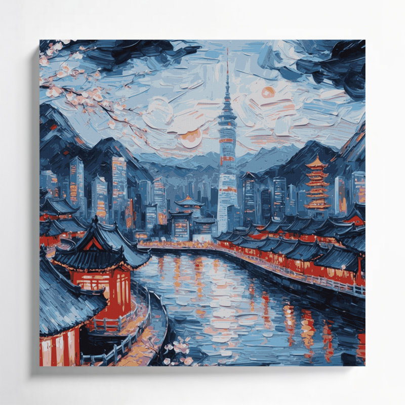 Art mural sur toile gris, "Cities Séoul", H 12 po x l 12 po