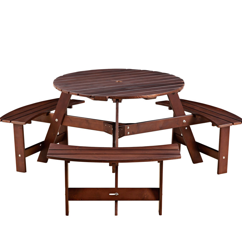 6 Person Round Picnic Table - Umbrella Hole 3 Built-In Benches Waterproof Backyard Decoration Brown For Benches, Hole, Weather , Brown, Garden Use