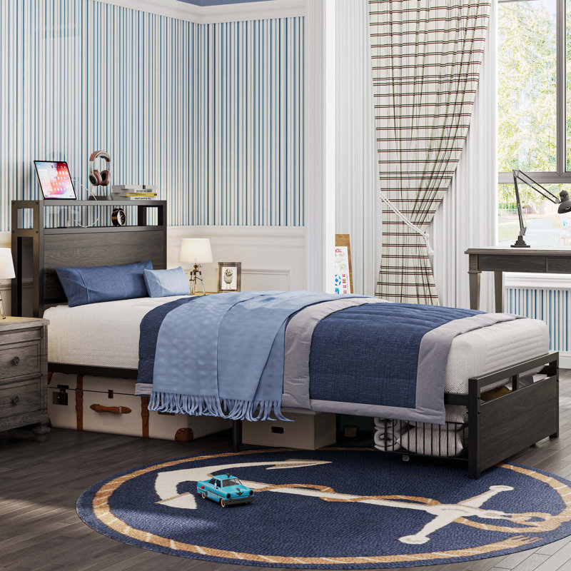 Bed Frames With Drawer, Storage Headboard With Outlets, No Box Spring Needed, Easy Assembly, Black, Twin XL