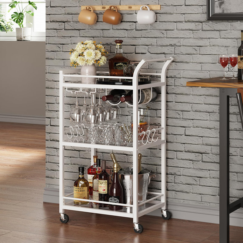 Chariot-bar avec tablette miroir à 3 niveaux, Blanc