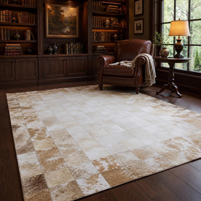 Tapis en cuir de vache beige fait à la main en patchwork de couleur beige, tapis en cuir neutre, 3 x 5 pi
