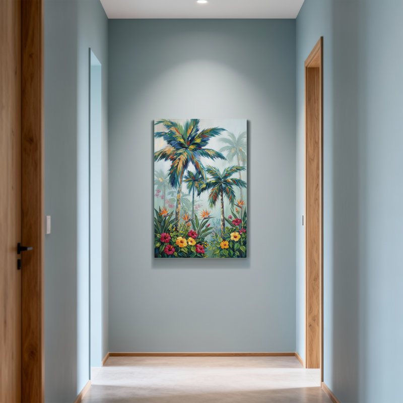 Plantes et fleurs, palmiers tropicaux et fleurs vibrantes, H 32 po x l 48 po