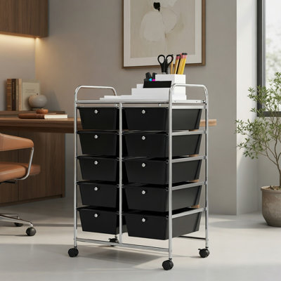  Chariot de rangement roulant à 10 tiroirs avec roues verrouillables et plateforme supérieure en filet, organisateur en métal robuste pour la maison, le bureau, la salle de classe, noir