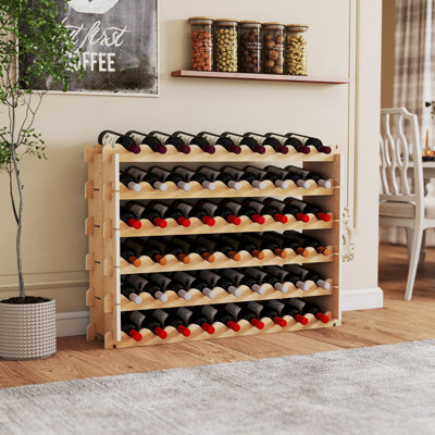 Support à vin modulaire pour 54 bouteilles, support de rangement pour vin autoportant à 6 niveaux, tablette de présentation pour vins en bois, tablettes sans oscillation, assemblage facile, pour la cuisine, la cave et le bar, naturel