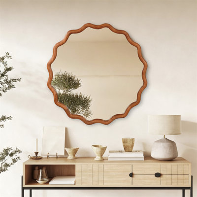 Miroir décoratif jaune-brun à cadre ondulé rond en bois massif de 36 pouces, pour chambre à coucher, salle de bain, salon, entrée