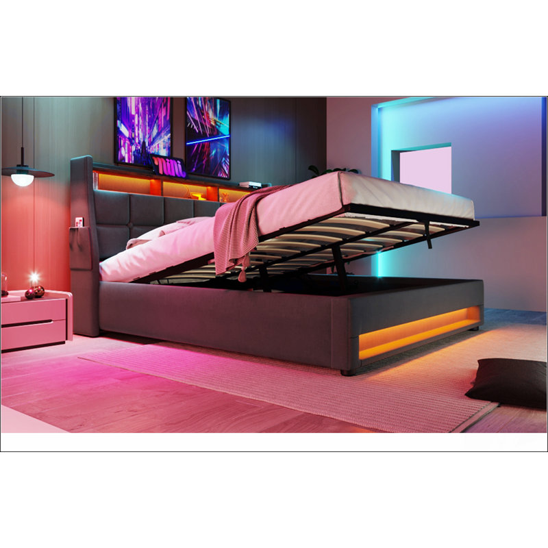 Lit plateforme tapissier avec système de rangement hydraulique, DEL et chargement USB, Gris, Complet/Double