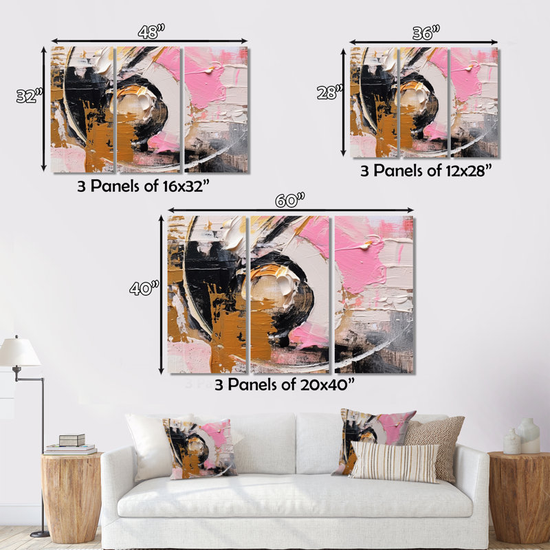 Pink Gold Symmetrical Meets - Cubism Canvas Prints Set, H 28 po x l 36 po x P 1 po, Metal