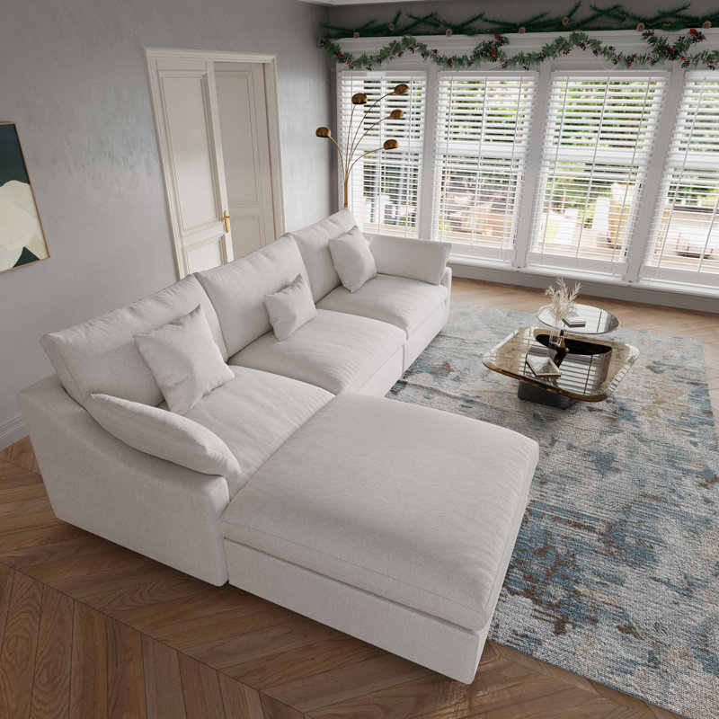Slipcovered Upholstered Modular Sofa With Ottoman, Beige, 29.53" H x 119.29" W x 77.95" D
