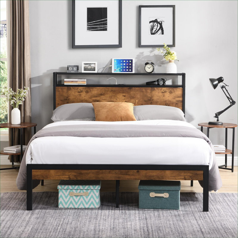 Queen Size Classic Black Metal Platform Bed, Modern Style with Under-Bed Storage for Residential Bedroom Use