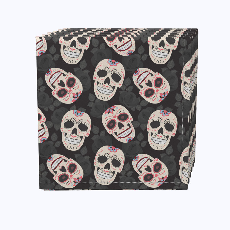 Polyester Floral Square Napkin, Dia De Los Muertes Skulls
