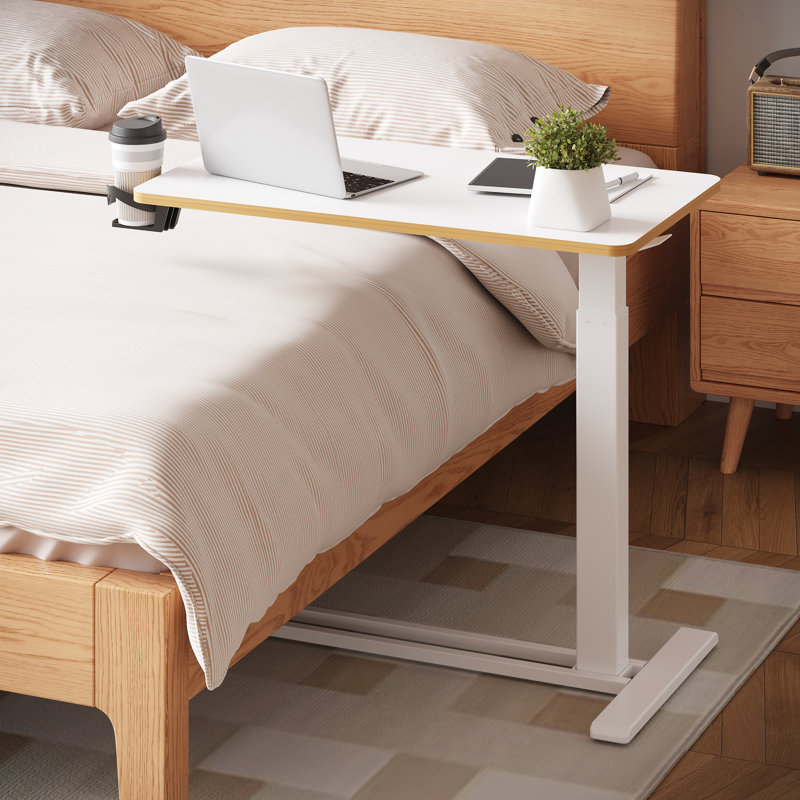 Table de lit réglable et mobile Kristee avec roulettes cachées, Blanc avec bordure érable, H 40,5 po x l 31,5 po x P 17,7 po