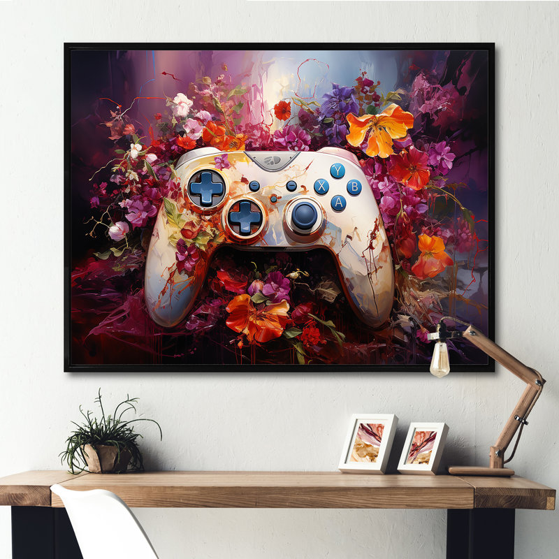 Blooming Multicolor Gaming contrôleur - art mural jeux vidéo, Cadre flottant noir, H 34 po x l 44 po x P 1,5 po