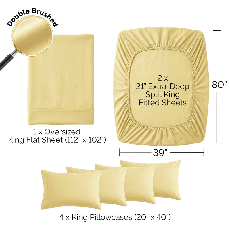 Southshore Fine Linens Vilano Springs Extra Deep Pocket Split King 6-Piece Sheet Set, Ultra Soft Double-Brushed 110 GSM Microfiber Bedding, 21-Inch Deep Pocket, 4 Pillowcases, Gold