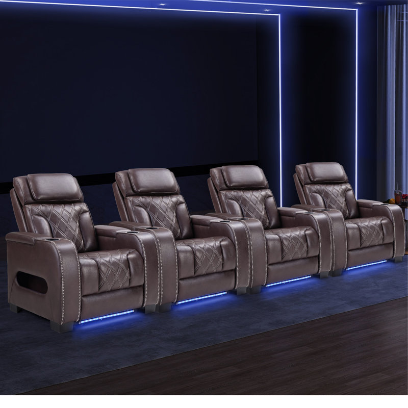 37.4" Wide Modern Dual Motor Power Recliner Home Theater Seating With Adjustable Headrest & Ambient Arm Lighting (Set Of 4)