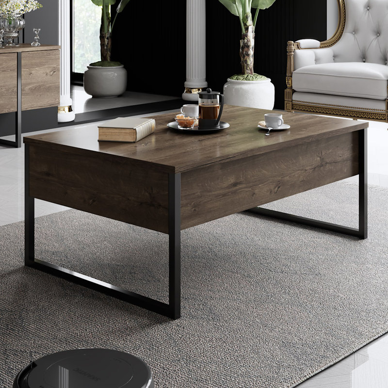 Modern Industrial Coffee Table, Walnut & Black, 35.4 x 23.6 x 15.7 inches | 100% Melamine Coated Particle Board, Thickness: 0.7 inches | Sturdy Metal Legs for Stability | Perfect for Living Room & Lounge Spaces