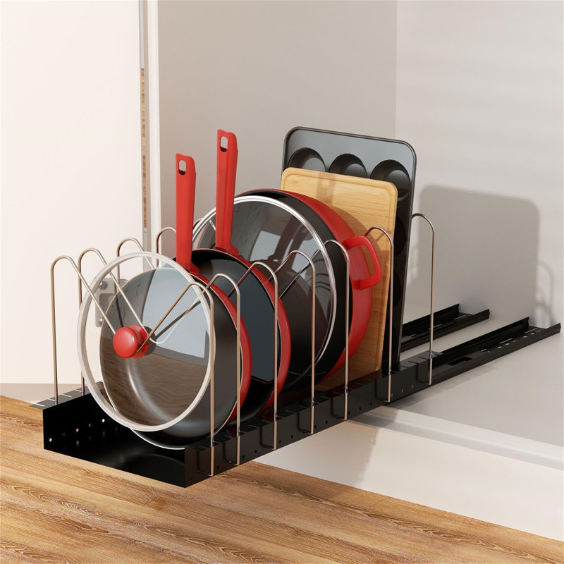 Cabinet pull out pot rack with sliding design, suitable for storing pot lids, bakeware and pans, space saving, practical and convenient.