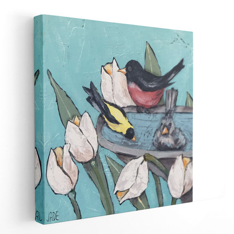 «Garden Bird Bath Party I», reproduction d'art sur toile, H 12 po x l 12 po