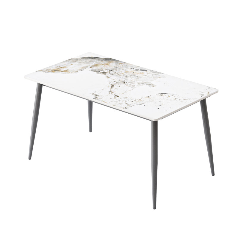 Table de salle à manger pour 6 personnes, moderne, blanc, pierre frittée, rectangulaire, stable, pieds en métal gris foncé, facile à nettoyer, haute température, table de salle à manger rectangulaire en pierre blanche
