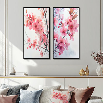 «Pink Cherry Blossoms Summer Embrace I», art mural floral 2 panneaux
